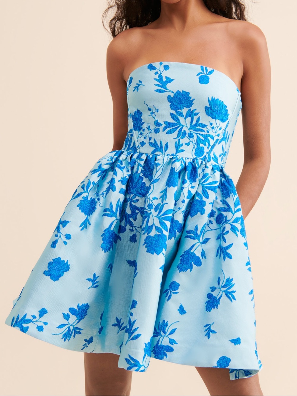 ML Monique Lhuillier Kate Jacquard Mini Dress in Blue Flora Azulia Sz 8 - Flawed
